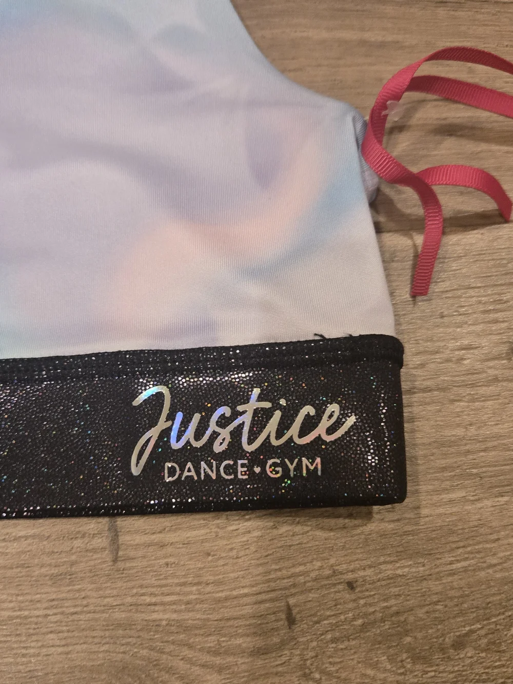 Justice Pastel Tie-Dye Sports Bra with Black Glitter Band & Matching Shorts LG